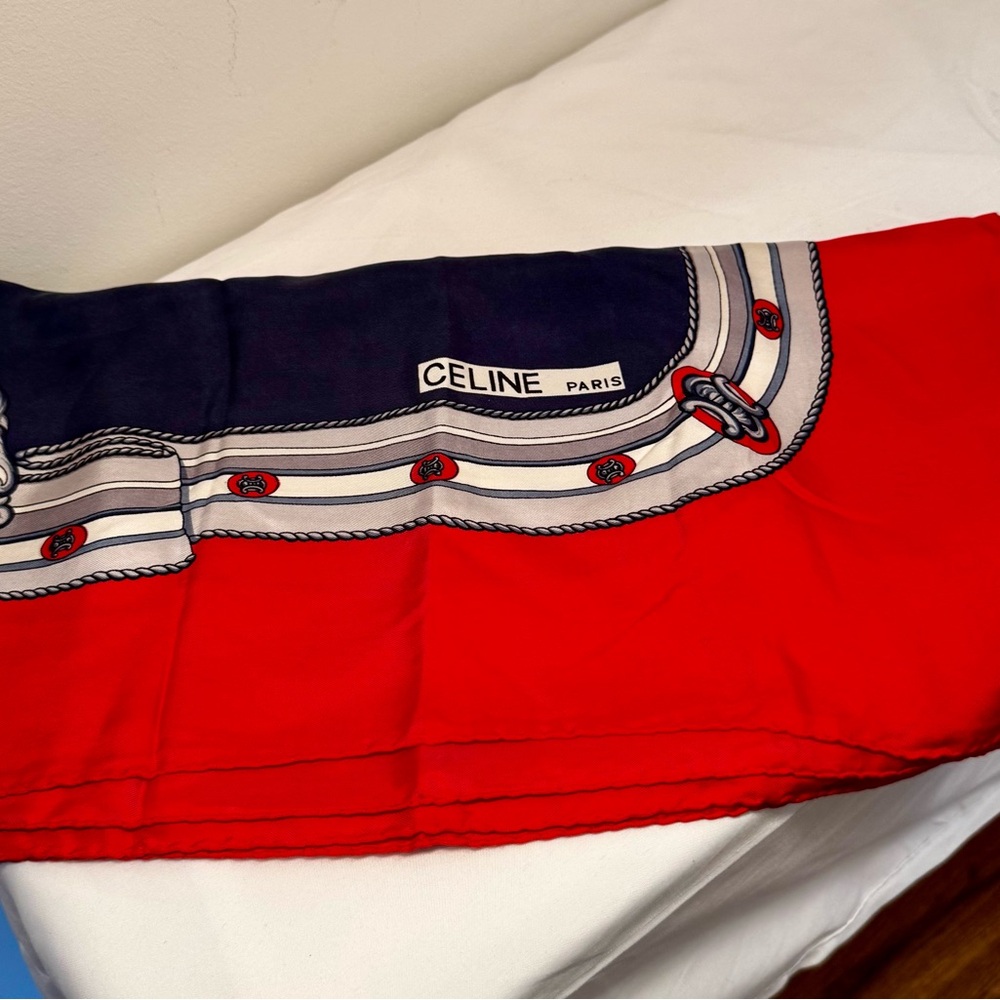 ♥️Celine Paris Red and Navy Equestrian Hunt Scarf♥️